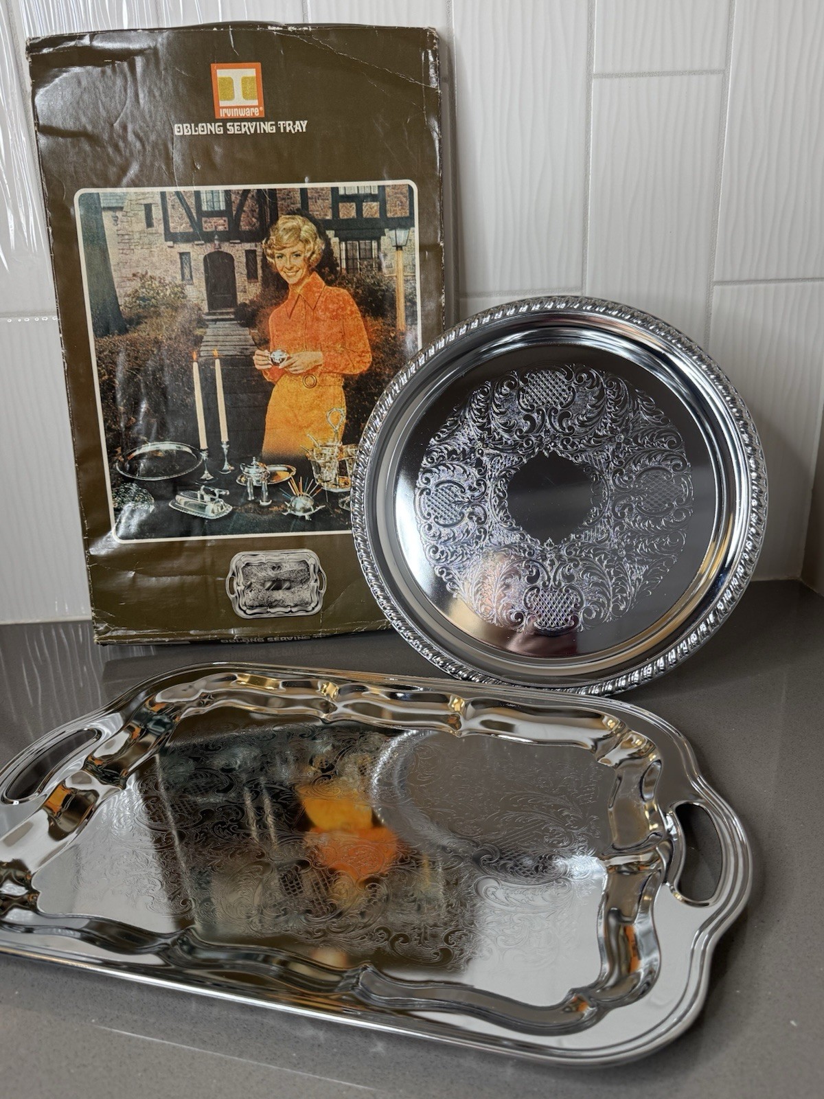 Vintage 1971 Irvinware Chrome Serving Tray Set 2 Rectangular Boxed Round Etched