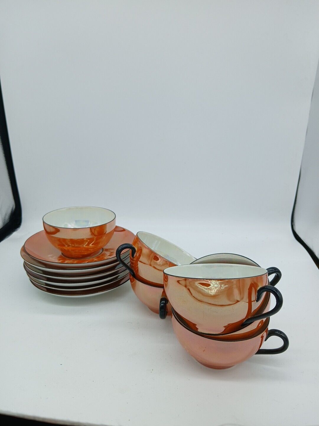 Vintage Lusterware Orange & Black Tea Cup & Saucers 6 Sets