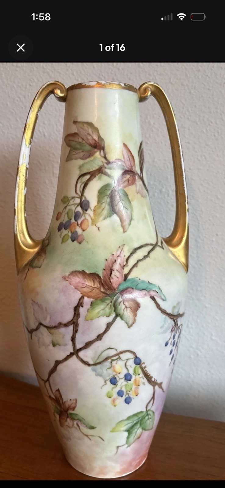 Antique 1922 Bavarian Porcelain Vase - Hand-Painted Berry Motif  E.K Kassim