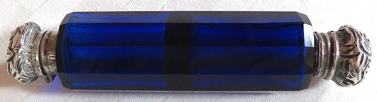 ANTQ DOUBLE ENDED MULTI-FACETED BLUE PERFUME SCENT BOTTLE STERLING CAPS EX-COND