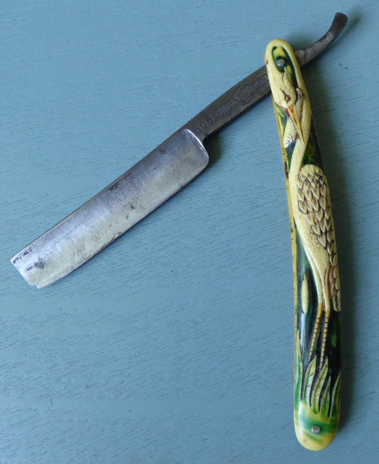 Antique Straight Razor Hunter #605 Germany Heron & Fish Figural Celluloid ExcCnd