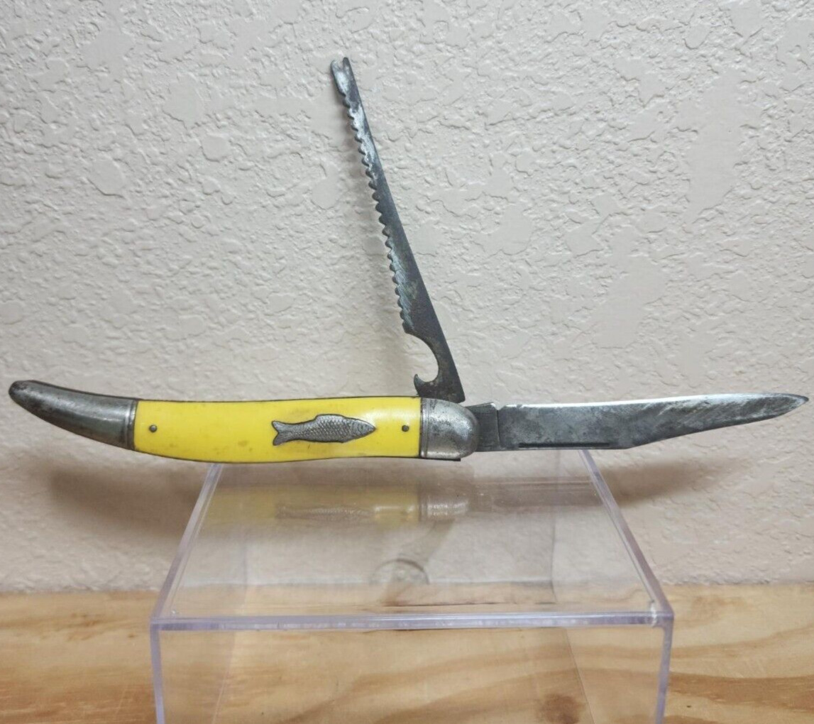 Vintage Imperial Yellow 2-Blade Folding Pocket Fishing Knife Multitool
