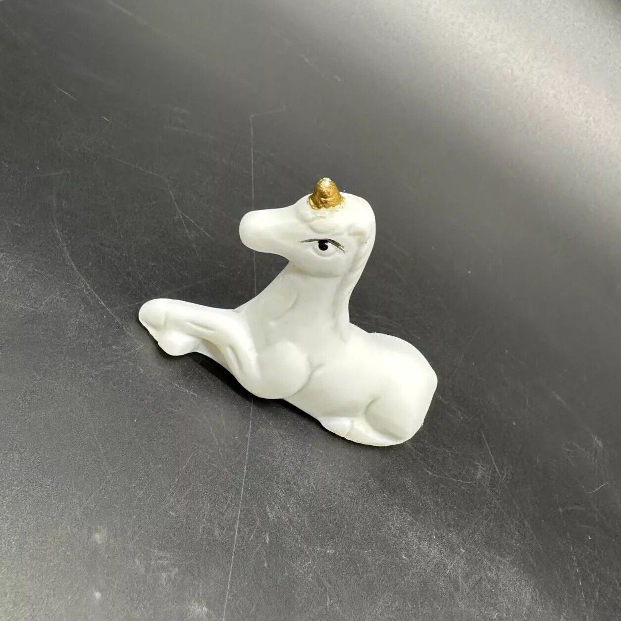 Vintage Unicorn Figurine Ceramic Bisque Mystical Beast White Gold Miniature