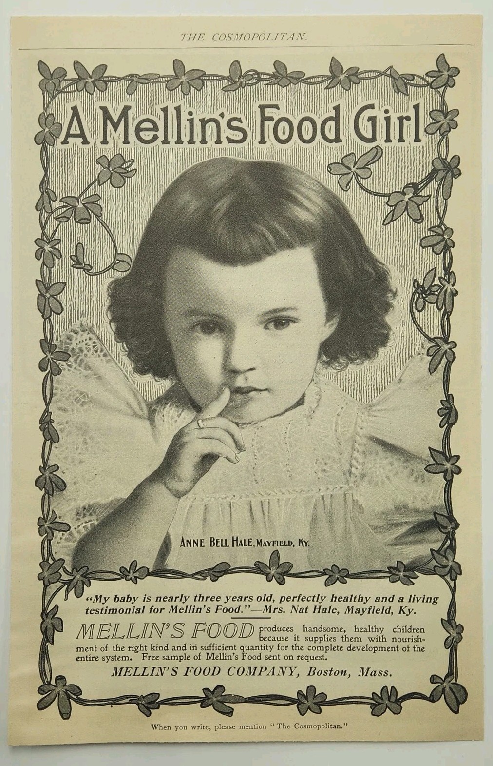 1899 Mellin\'s Food Girl Anne Bell Hale Original Print Ad Boston Mass 1890\'s