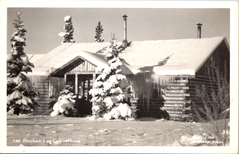 RPPC Postcard Alaskan Log Cabin Home Mac\'s Photo Anchorage Alaska AK        N454