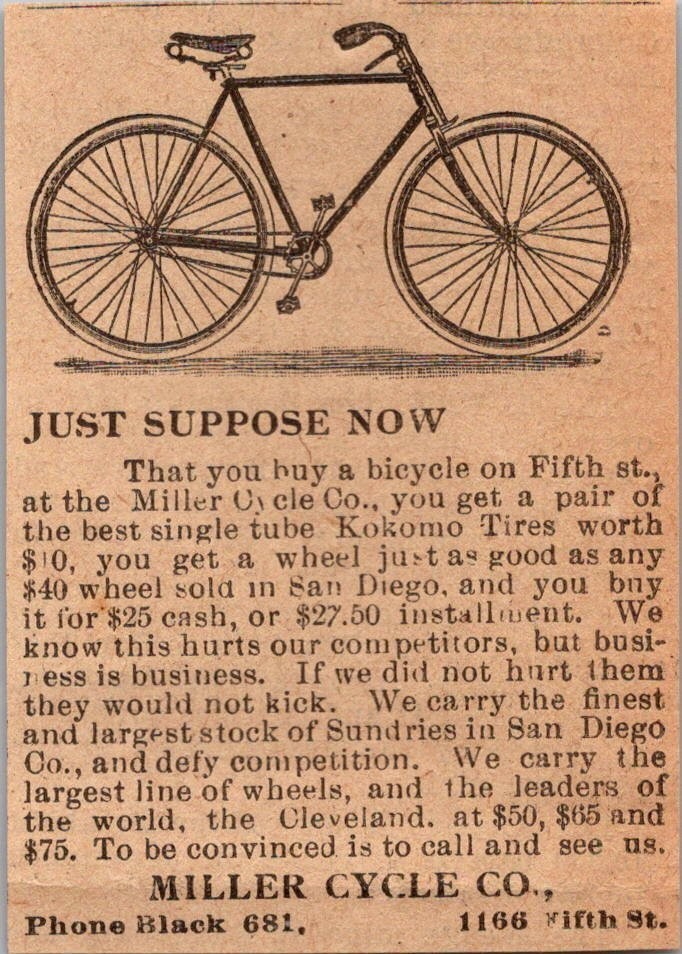 Miller Cycle Co. Best Single Tube Kokomo Tires 1896 San Diego Clipping TAJ9-S6