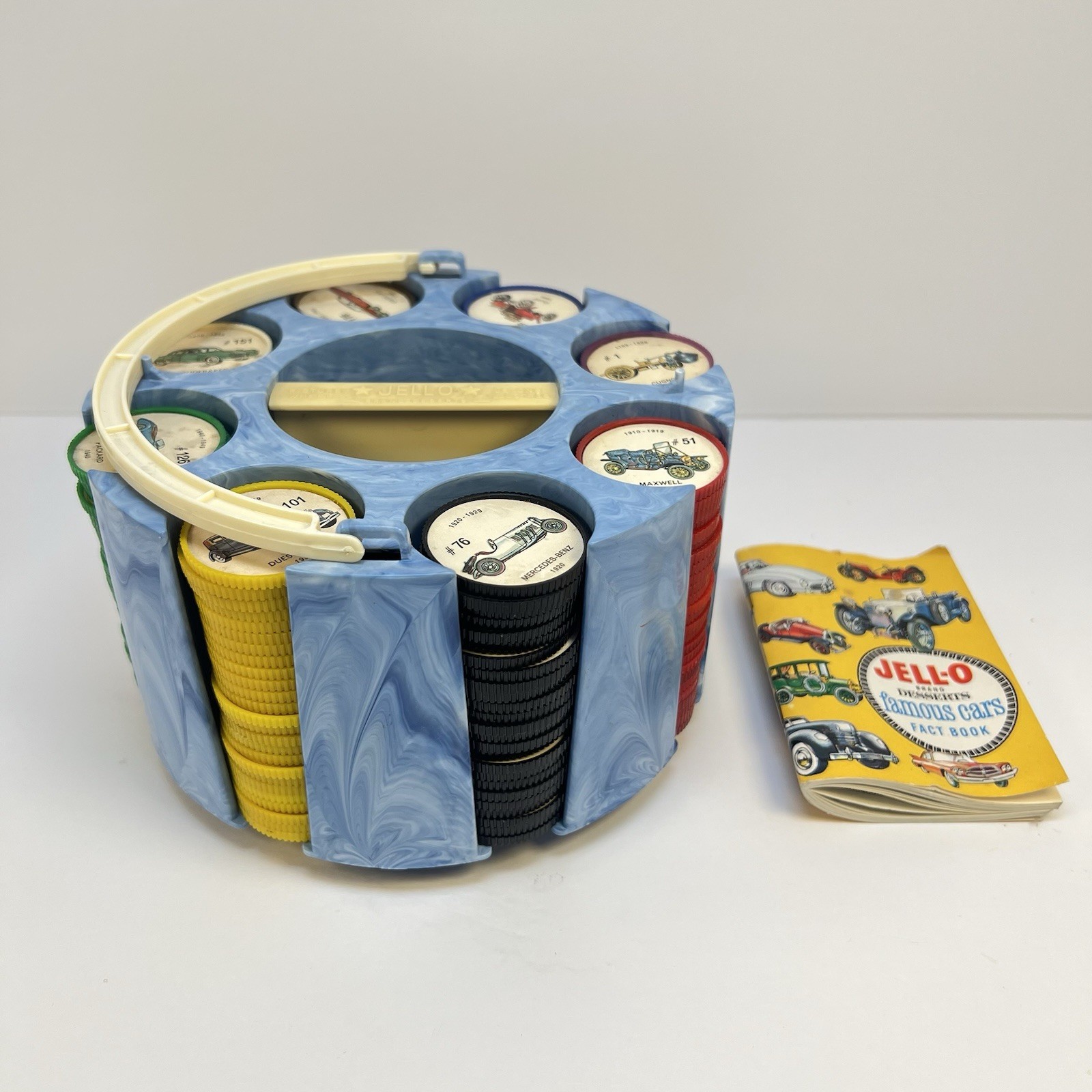 JELLO 1960s Blue Picture Wheel - 200 Poker Chips Carousel Famous Cars / COMPLETE