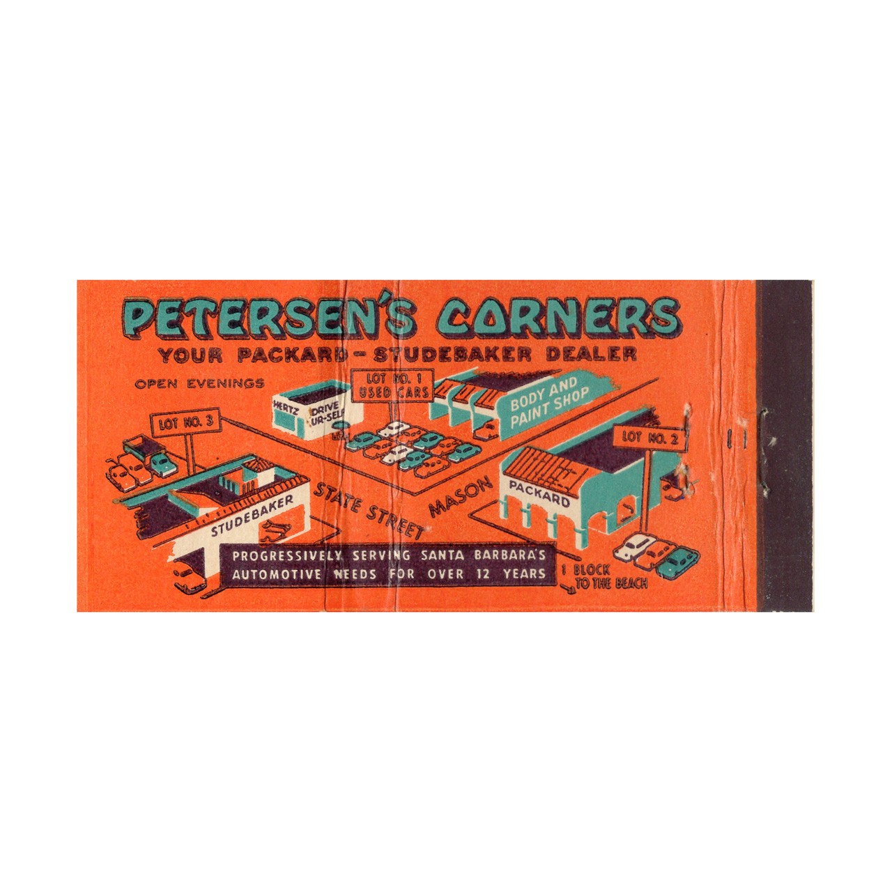 Display Matchbook Cover Petersen's Corners Studebaker & Packard Santa Barbara CA