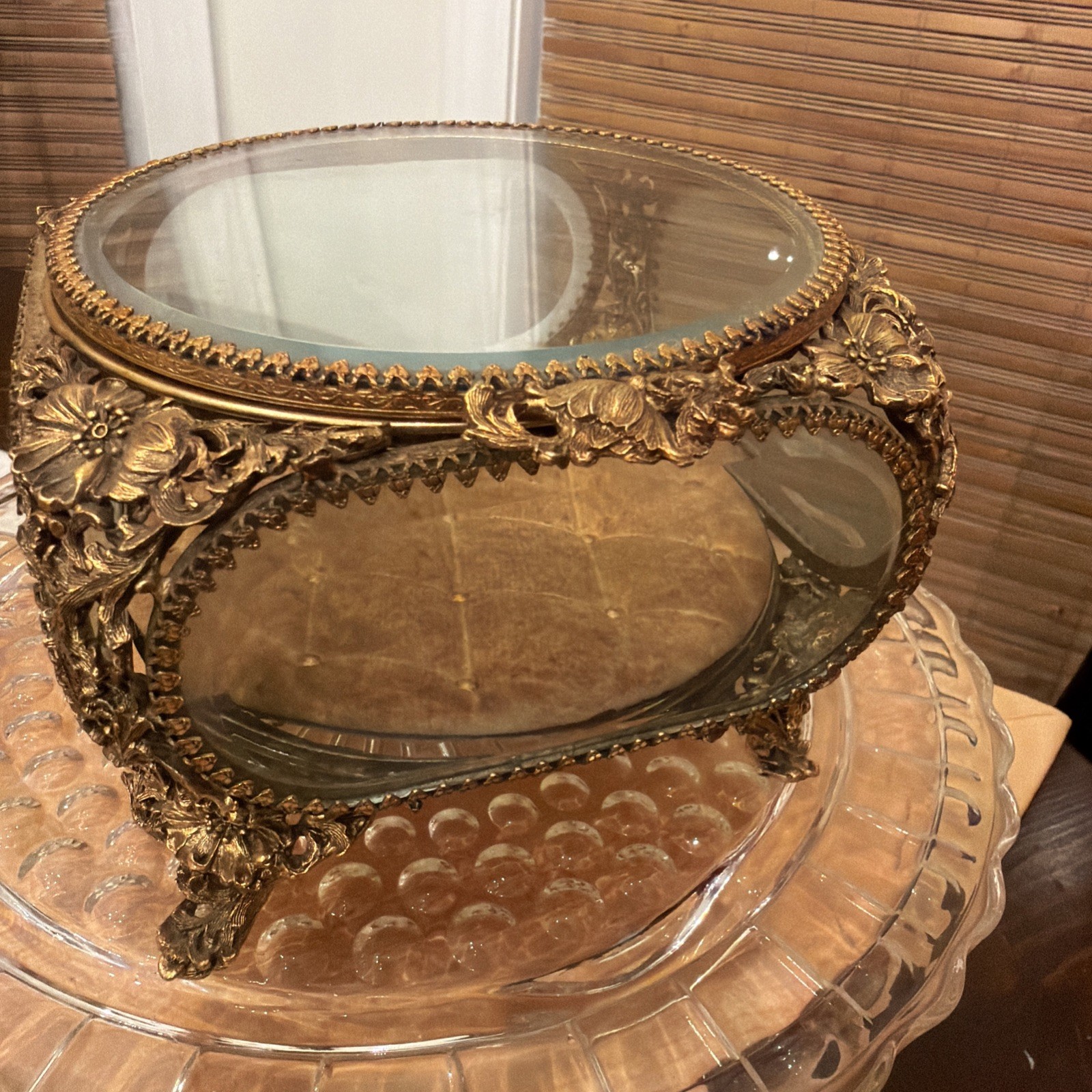 VTG Matson Ormolu Hollywood Regency Jewelry Casket Trinket Box Bevelled Glass