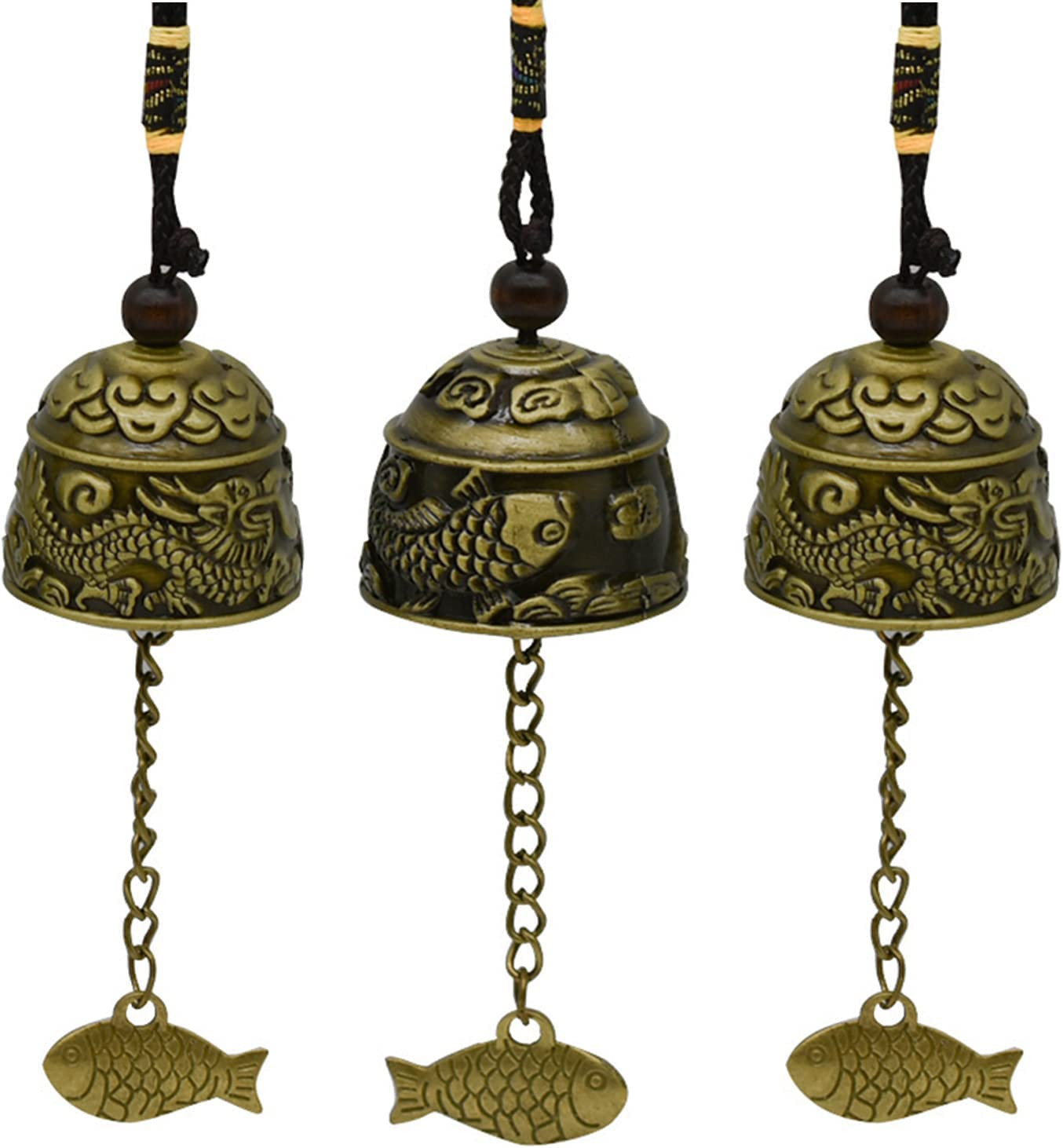 3Pcs Vintage Dragon Bell Bronze Fish Carved Feng Shui Bell