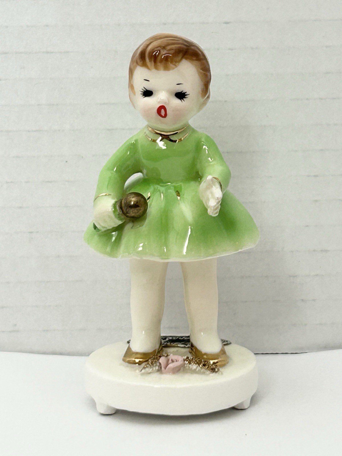 Vintage Josef Originals Girl In Green W/ Pink Flowers Repaired
