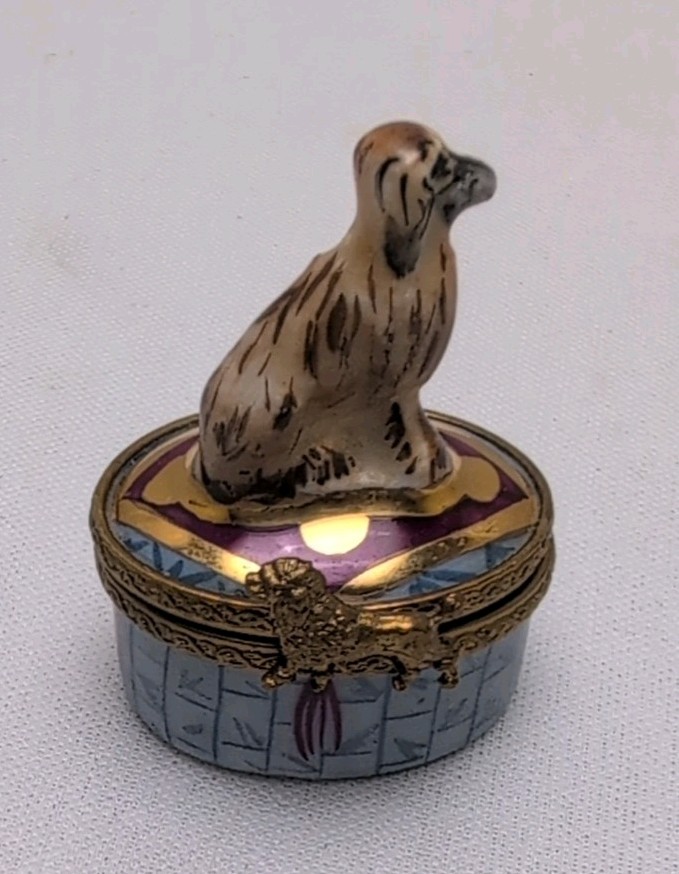 Limoges France Peint Main Porcelain Trinket Box Dog Lid Blue/Gold, Swipe Inside 