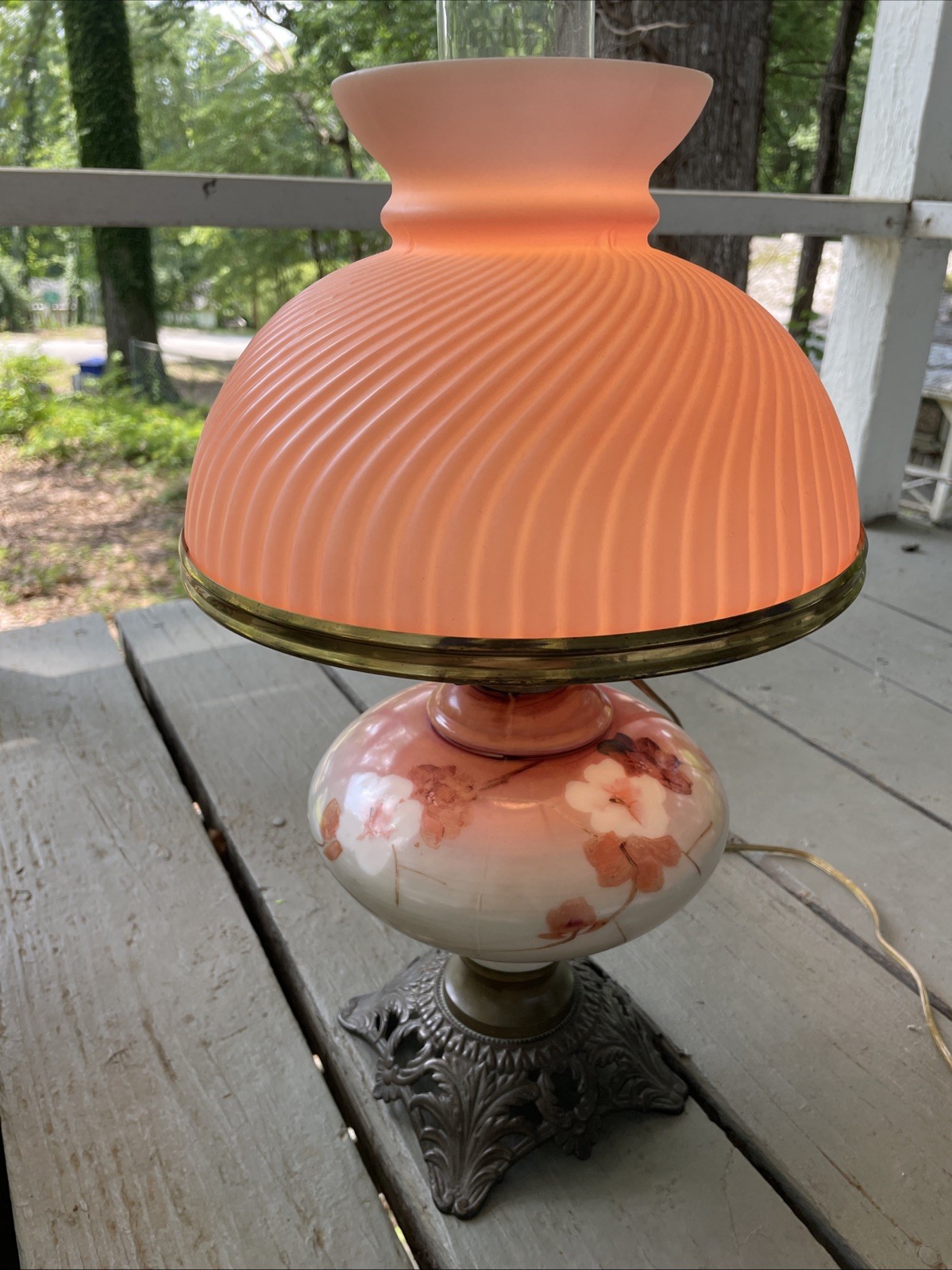 Vintage GWTW Hurricane Converted Oil Lamp Hand Painted Floral. Very Good Cond