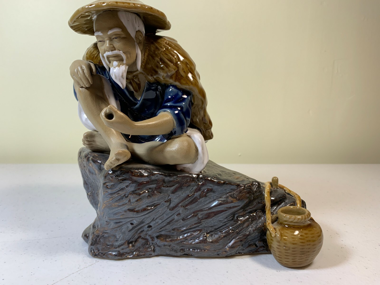 VINTAGE WANJIANG MUDMAN SITTING ON ROCK FISHING GLAZED CLAY