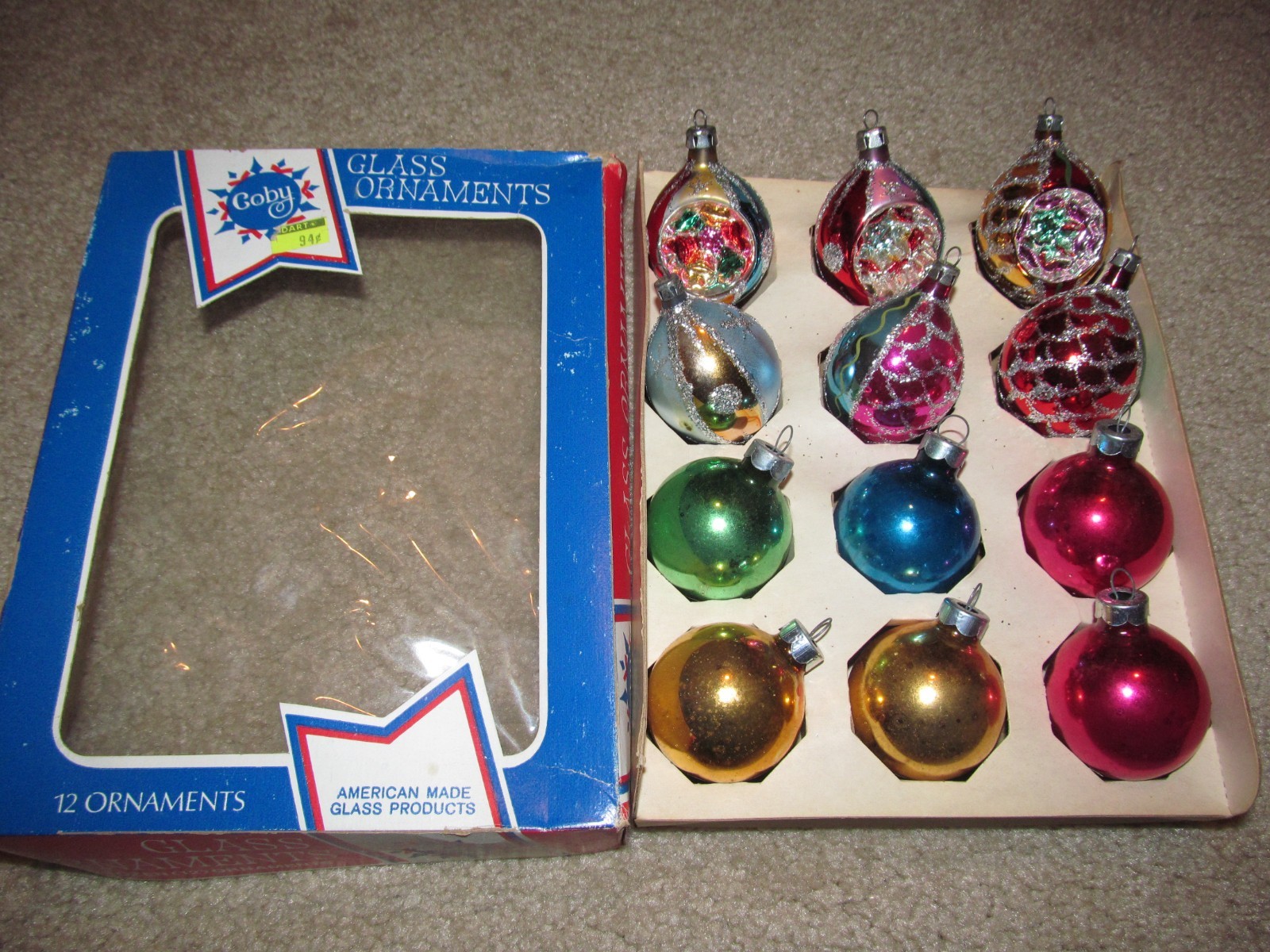 12 PC VINTAGE GLASS ORNAMENT IN COBY BOX MIXED CHRISTMAS 12 PC VINTAGE GLASS ORNAMENT IN COBY BOX MIXED CHRISTMAS