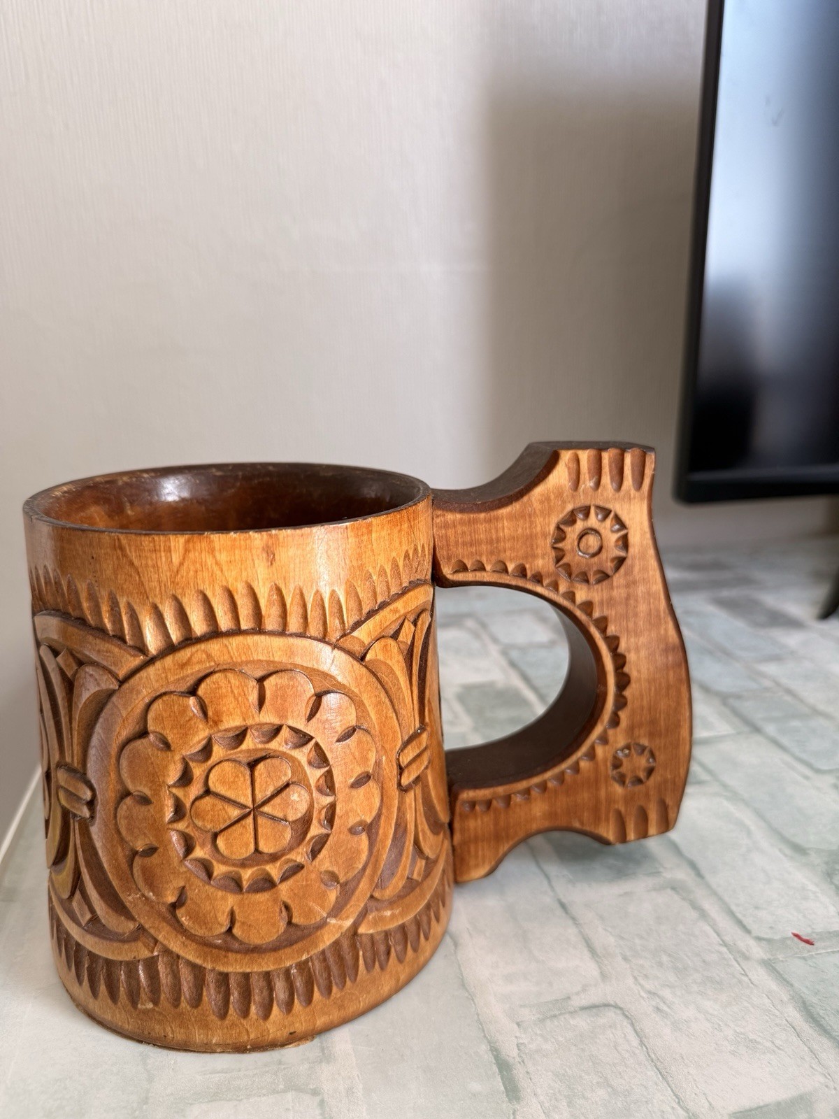 Hand Carved Wooden Decorative Mug 