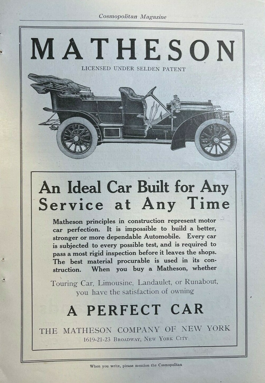 1907 Advertisement Matheson Automobile Company