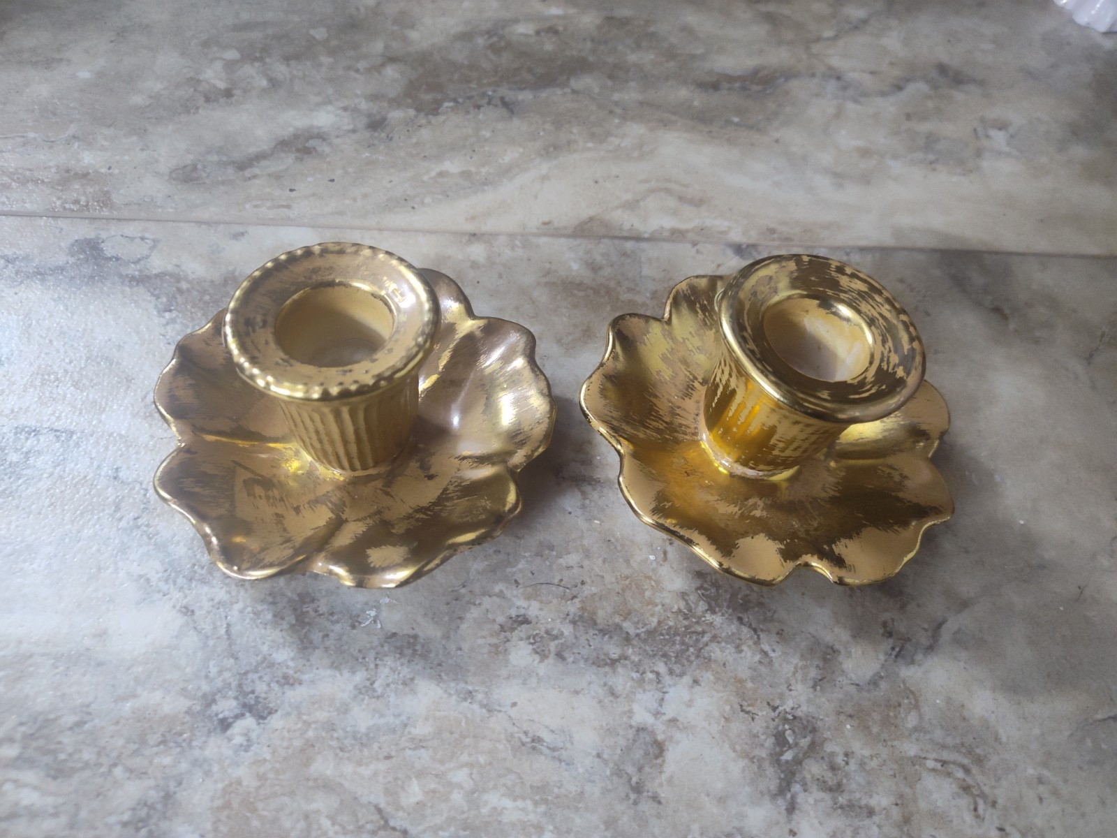 Vintage Pair Stangl 22KT Granada Gold Candle Holders Art Pottery Hand Painted 