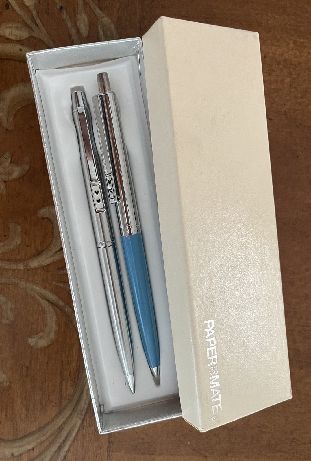 NIB  VTG 70s Paper Mate Hearts Profile Pen Pencil set Blue Chrome Box USA 70s 