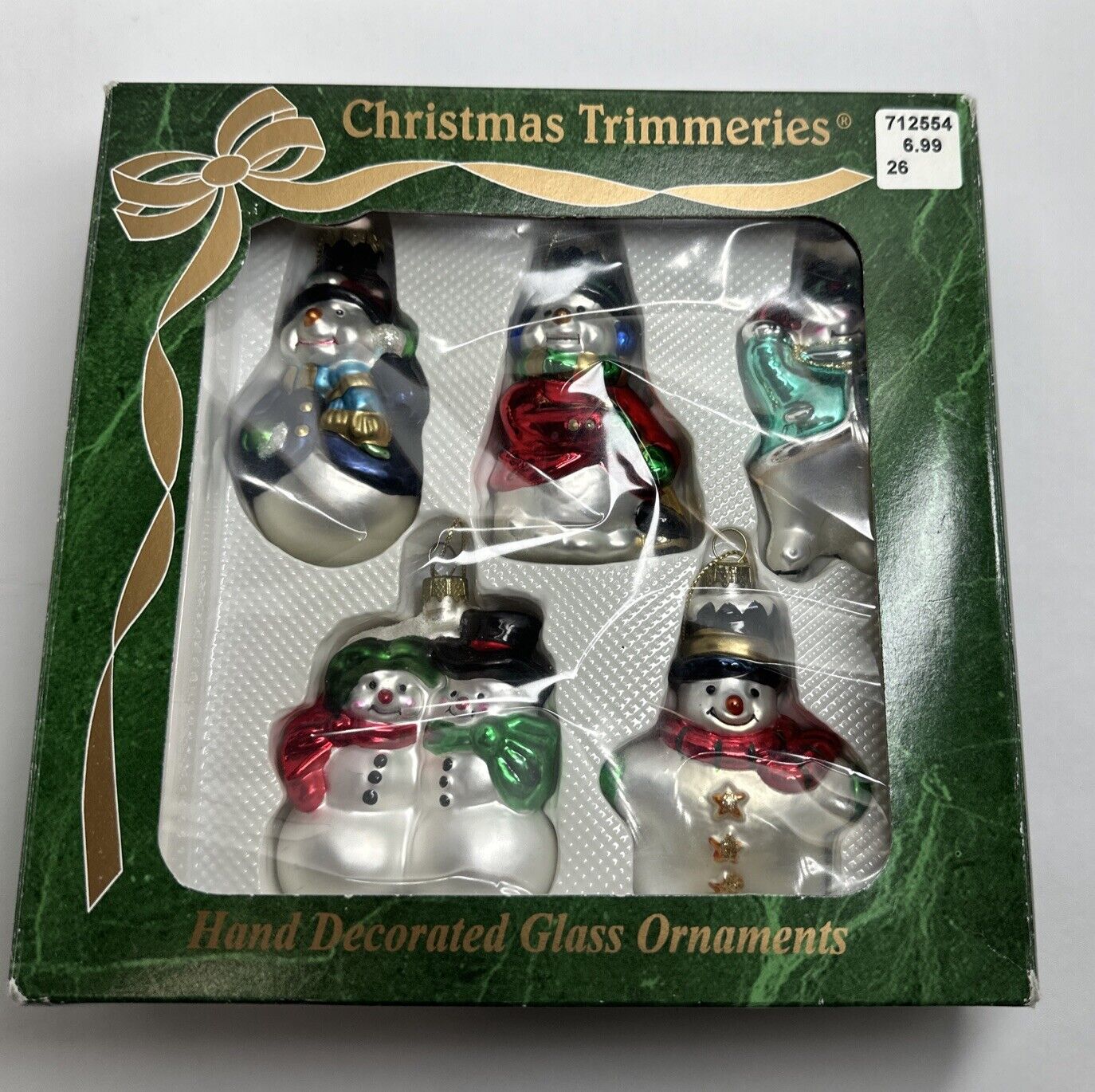 Ornaments Five Snowman Original Box  1997 Glass Christmas Snowman Hand Decorated