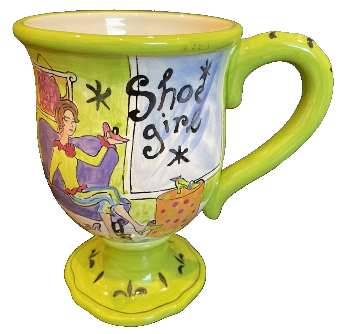 Certified International Jennifer Brinley Shoe Girl Pedestal Coffee Mug Cup Green