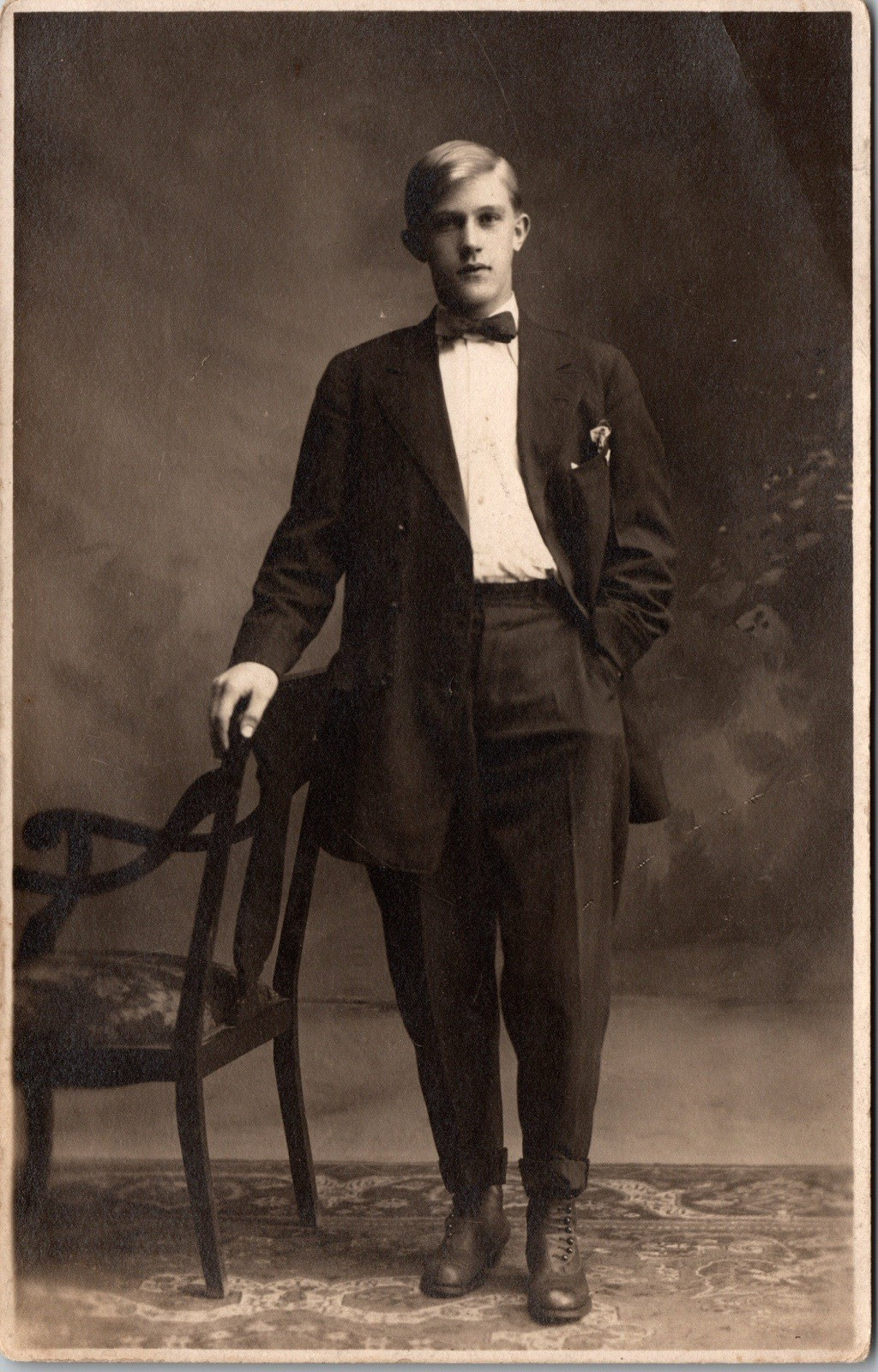 Postcard Real Photo RPPC Tall Blonde Haired Young Man with Bowtie Jamestown NY