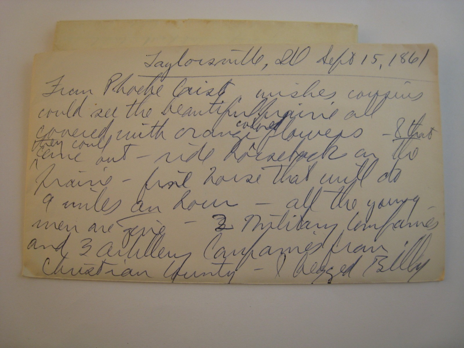 Civil War Letter, SEPT. 15, 1861 ... YOUNG MEN OFF TO WAR