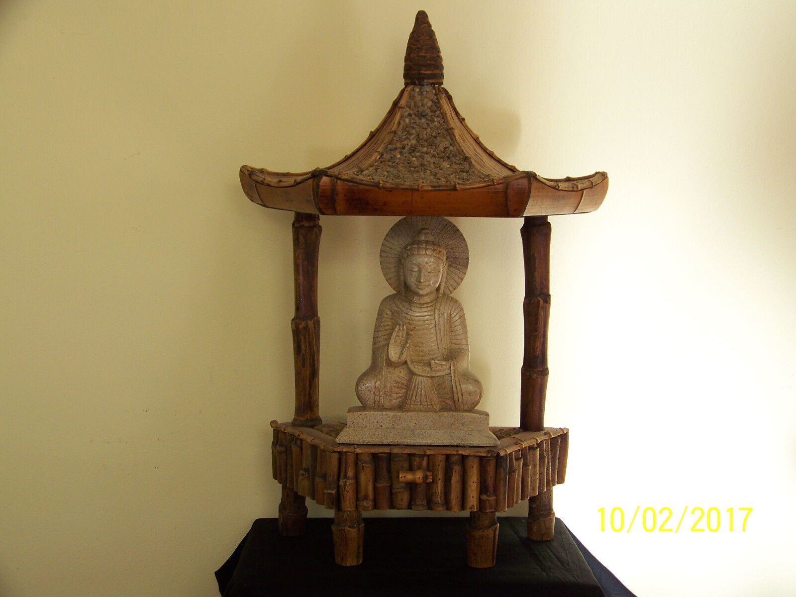 Carved Buddha Statue Sculpture w/Hand Made Bamboo & Solid Stone Alter 