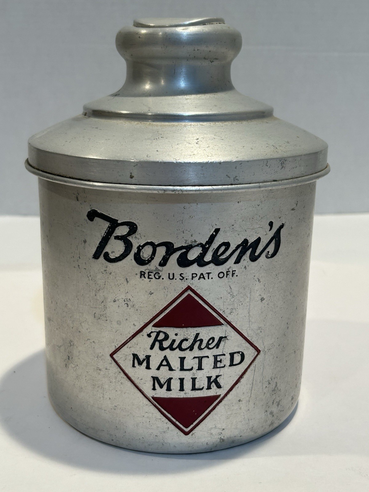 Vtg. Borden’s Richer Malted Milk Embossed Aluminum Canister w/ Domed Lid 1950’s