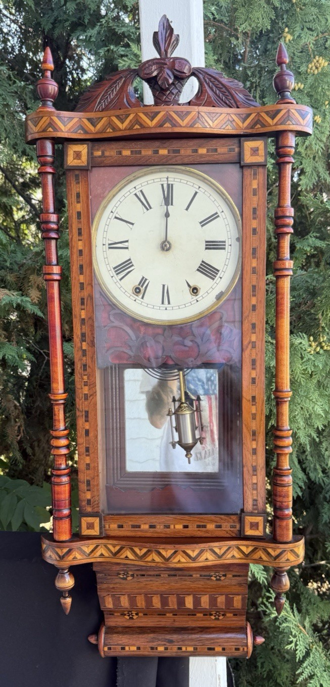 Antique Circa 1885 New Haven Anglo American FANCY Inlay Wall Clock - SEE VIDEO