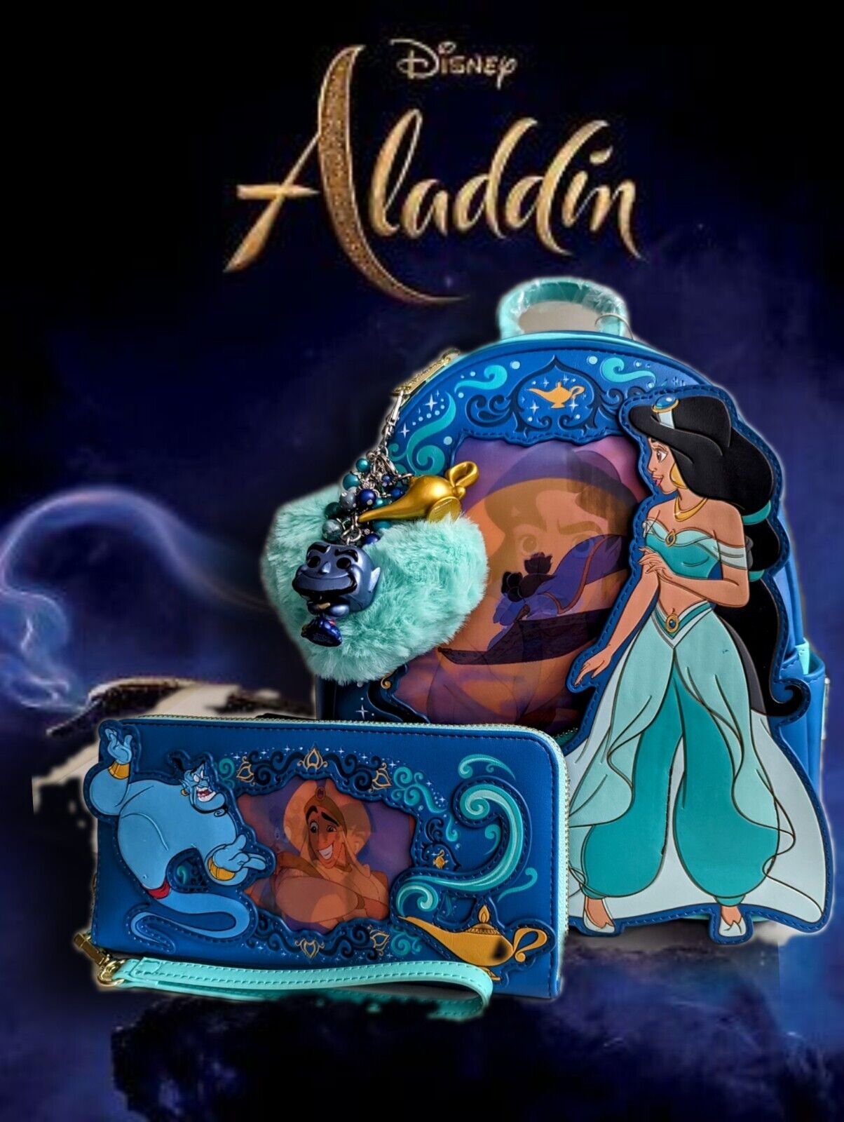 NWT Loungefly Aladdin Princess Series Lenticular Mini Backpack Wallet and Charm