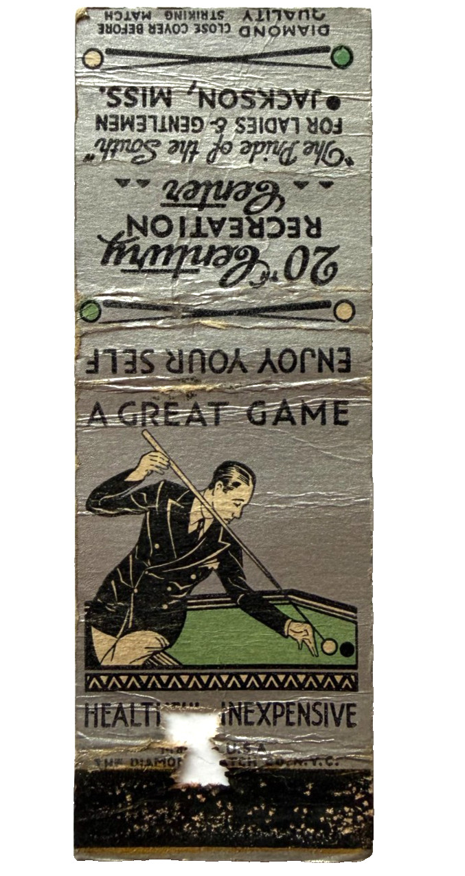 1930s 20th Century Recreation Pool Hall Matchbook Cover Jackson Mississippi