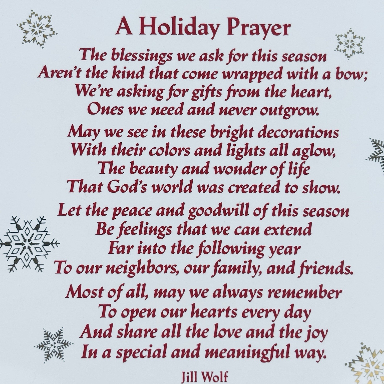 Vintage “A Holiday Prayer” Jill Wolf Tile 1988 Antioch/Webway - Snowflakes Decor