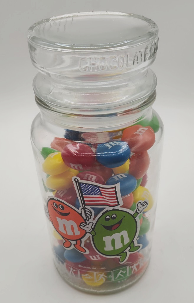 Vtg M&M\'s Candy Garland Olympic Glass Jar Canister Lot M&M Advertising