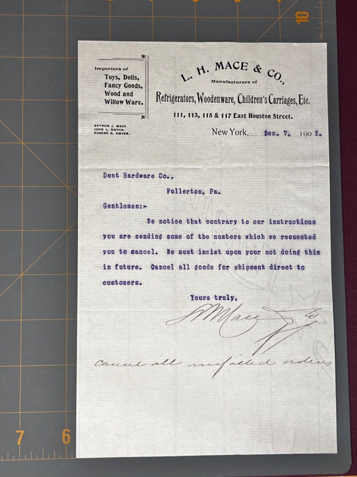Antique Angry Letter Letterhead L H Mace E Houston Street NY 7 Dec 1901  SLa