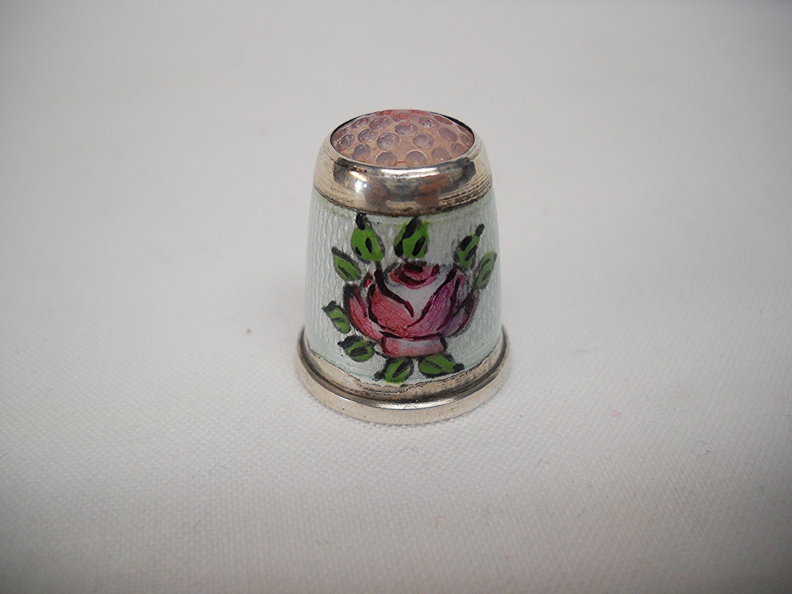 Vintage STERLING & GUILLOCHE ENAMEL THIMBLE-GERMANY-PINK ROSES & CROWN-VG