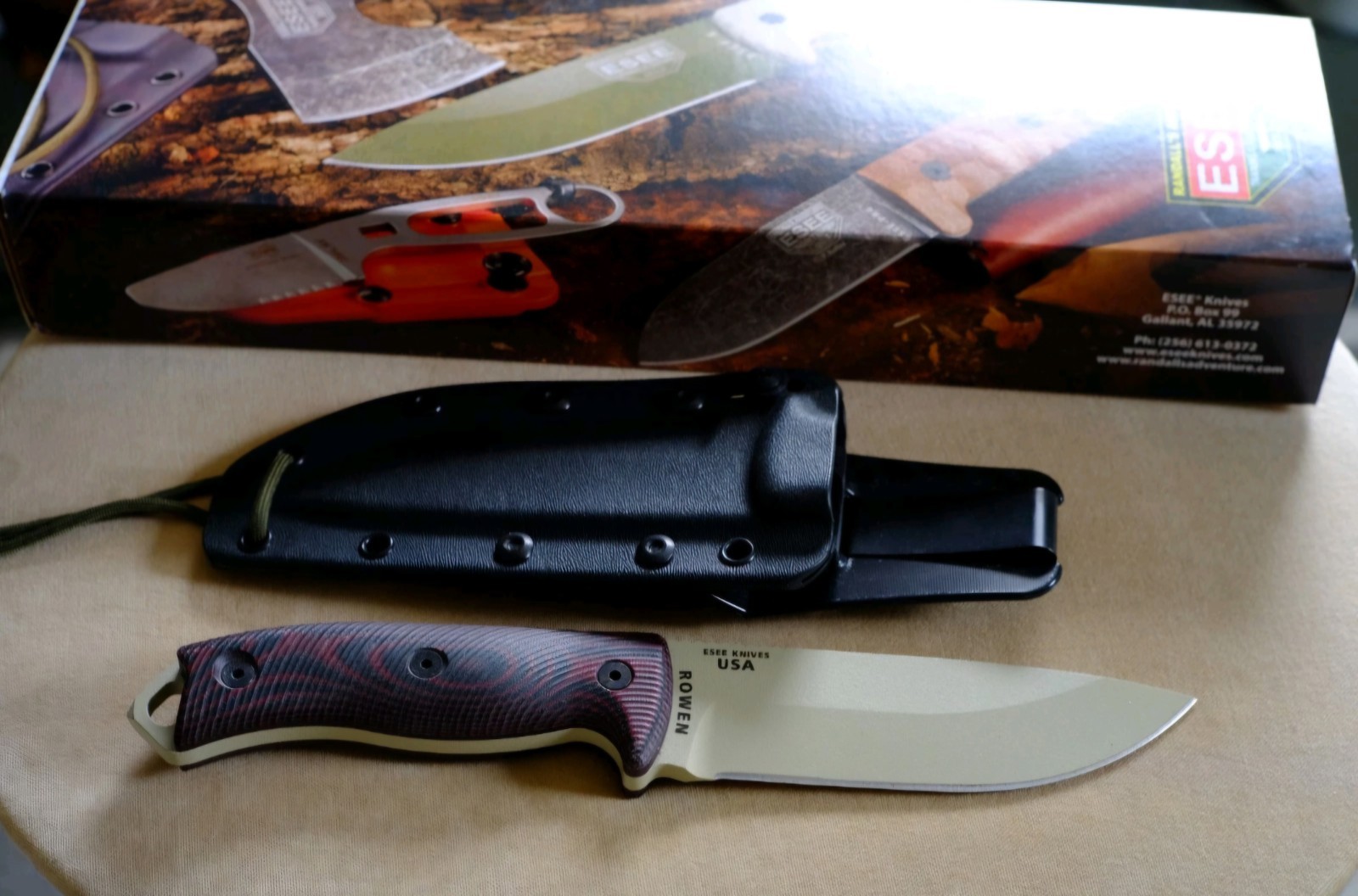 ESEE 5 3D Fixed Blade Knife Unused, Tan with blood/black G10 Kydex Sheath ESEE 5 3D Fixed Blade Knife Unused, Tan with blood/black G10 Kydex Sheath