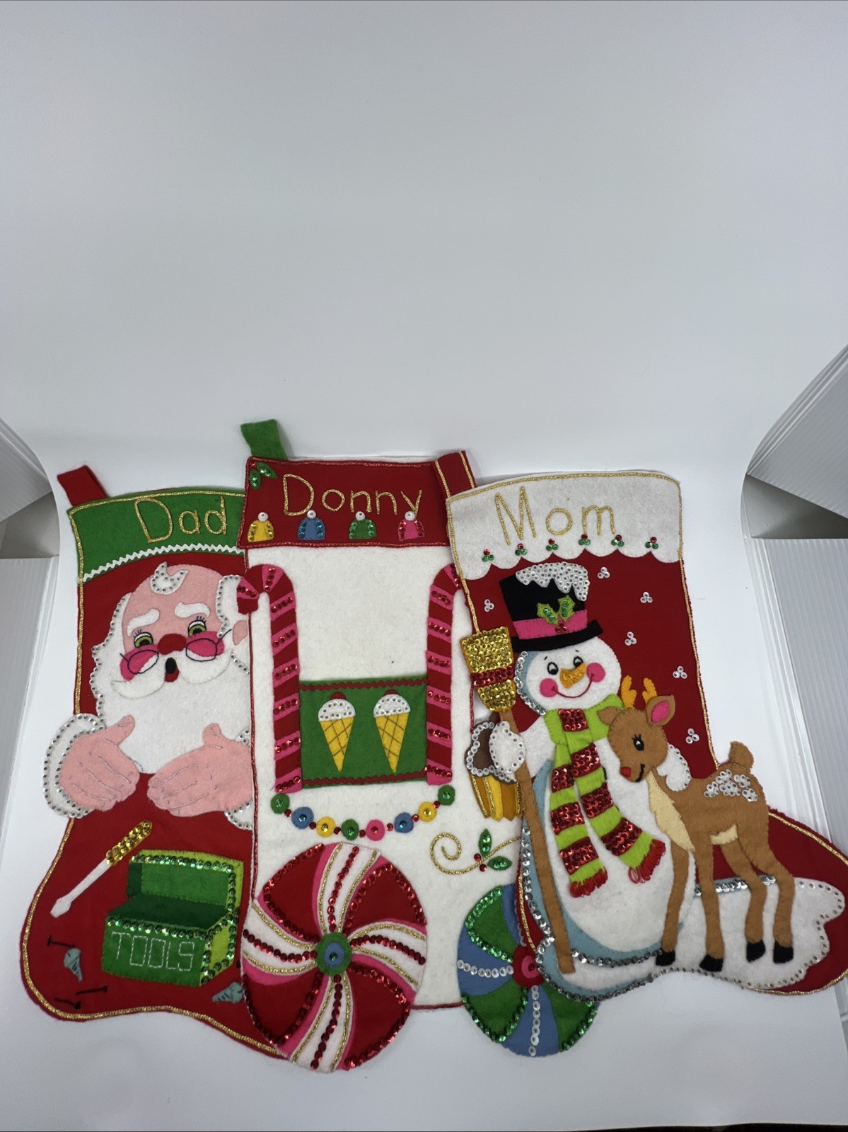 3 VTG Bucilla Felt Christmas Stocking Sequins Completed Santa Snowman Train 3 VTG Bucilla Felt Christmas Stocking Sequins Completed Santa Snowman Train