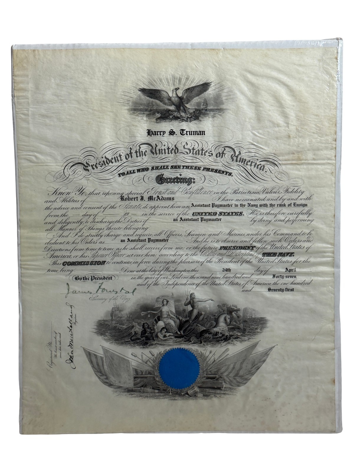 1947 Harry S. Truman U.S. Navy Commission Certificate Signed James Forrestal