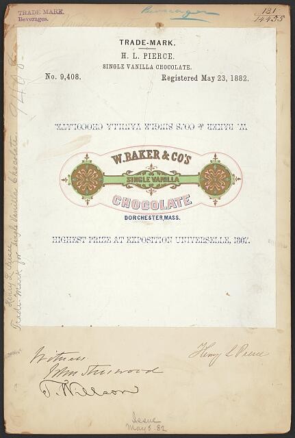 Dorchester Massachusetts 1882 W. Baker Co Single Vanilla Chocolate Trademark