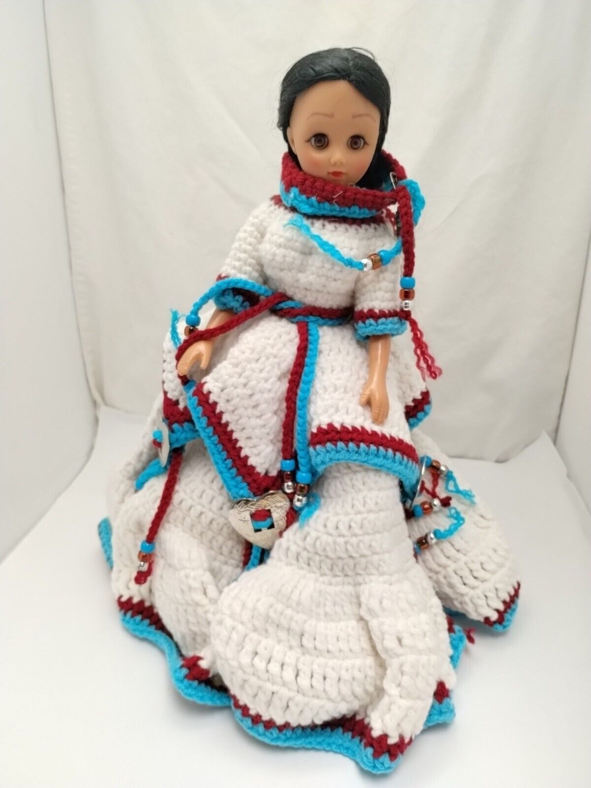 Native American Indian Doll with Handmade Crocheted Dress on a Stand Vintage
