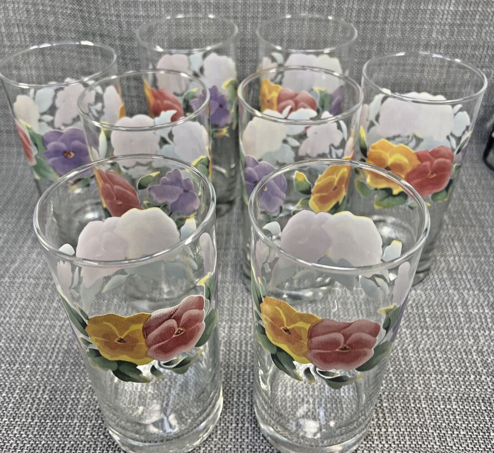 8 Corelle Summer Blush Pansies Glass Tumblers 16 oz 6 inches Tall Corning