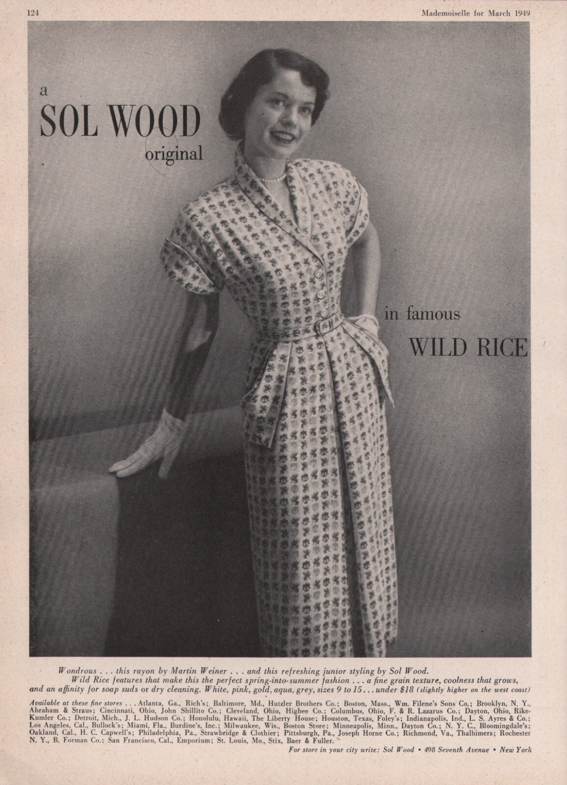 1949 SOL WOOD In Famous Wild Rice Women\'s Fashion Clothing Accessories Print Ad