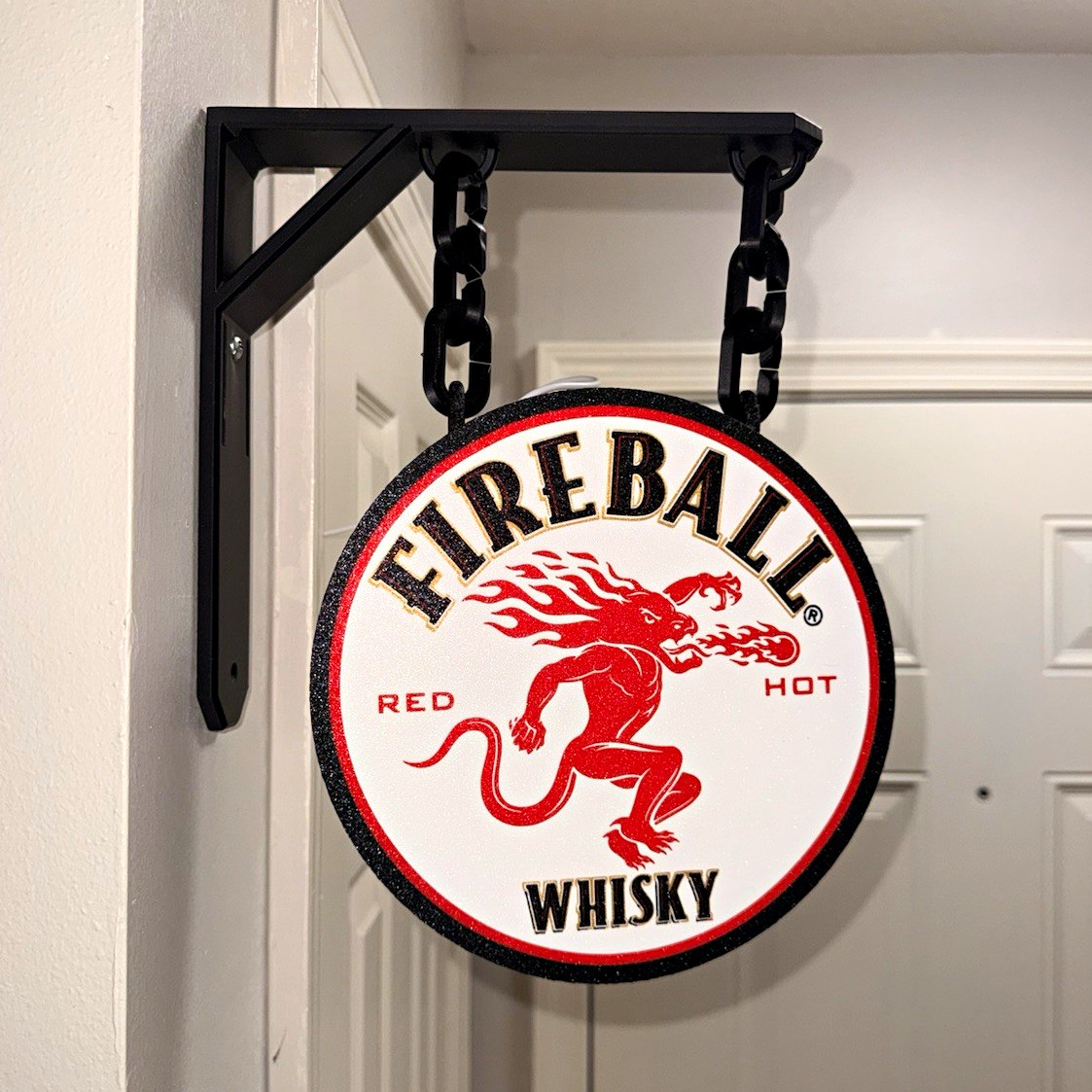 Fireball Red Hot Whisky Hanging Wall Sign | Black Bracket & Chain | Distillery