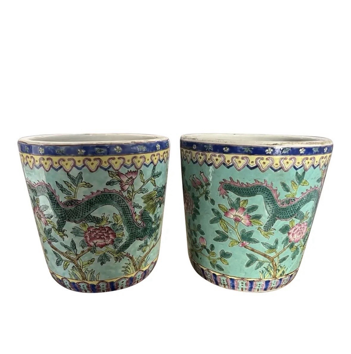PAIR Of Chinese Export Heavily Enameled Turquoise Cachepots Planters Pots