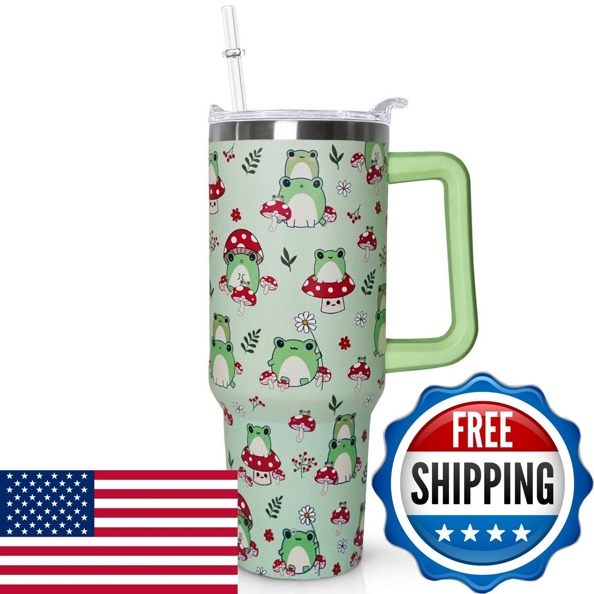 Ceovfoi 40 oz Frog Tumbler Green Kawaii Mushroom with Handle Lid Straw