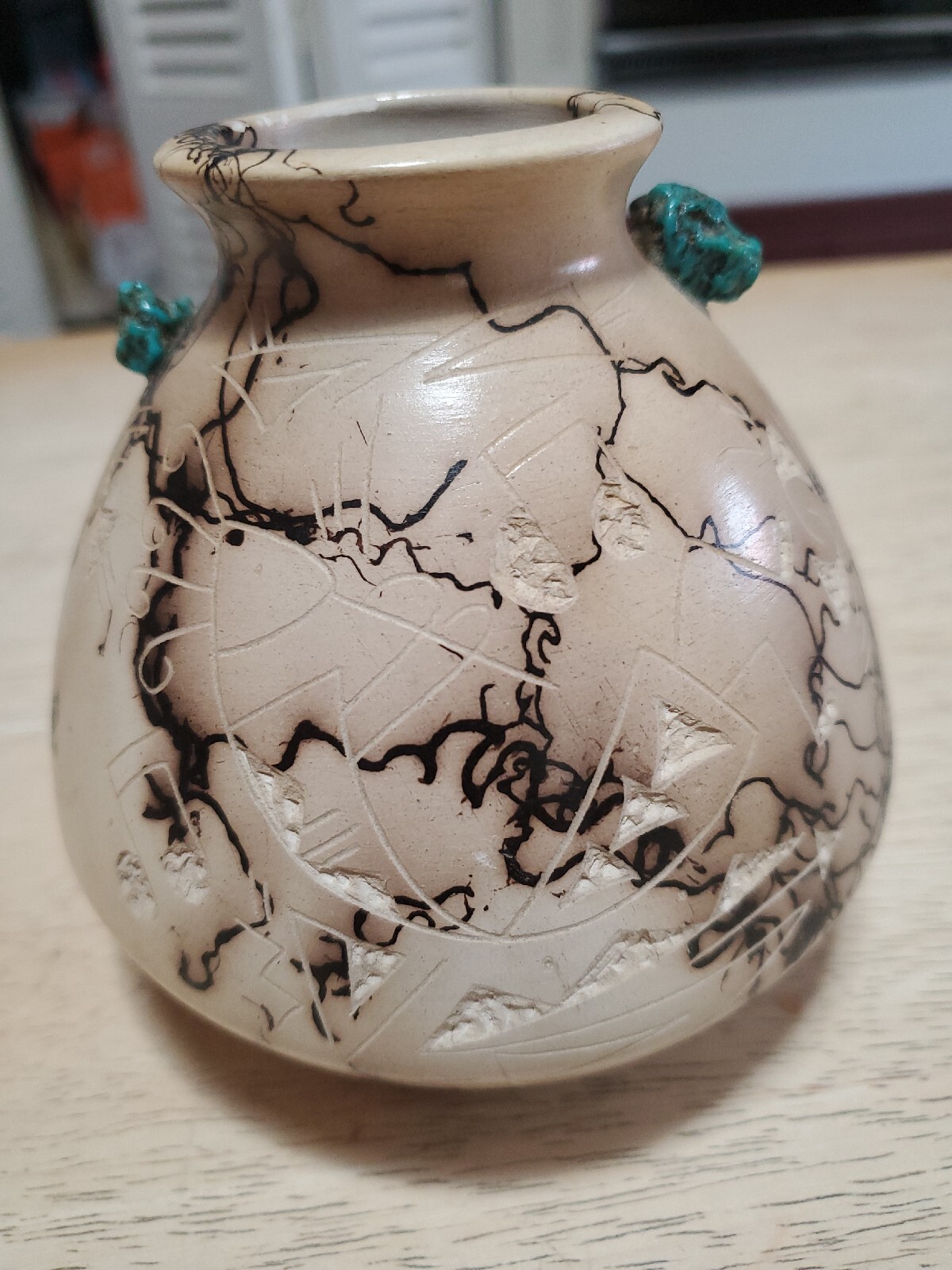 Navajo Horse Hair Pottery Vase Acoma Etched Turquoise Accent - Signed by Vail.
