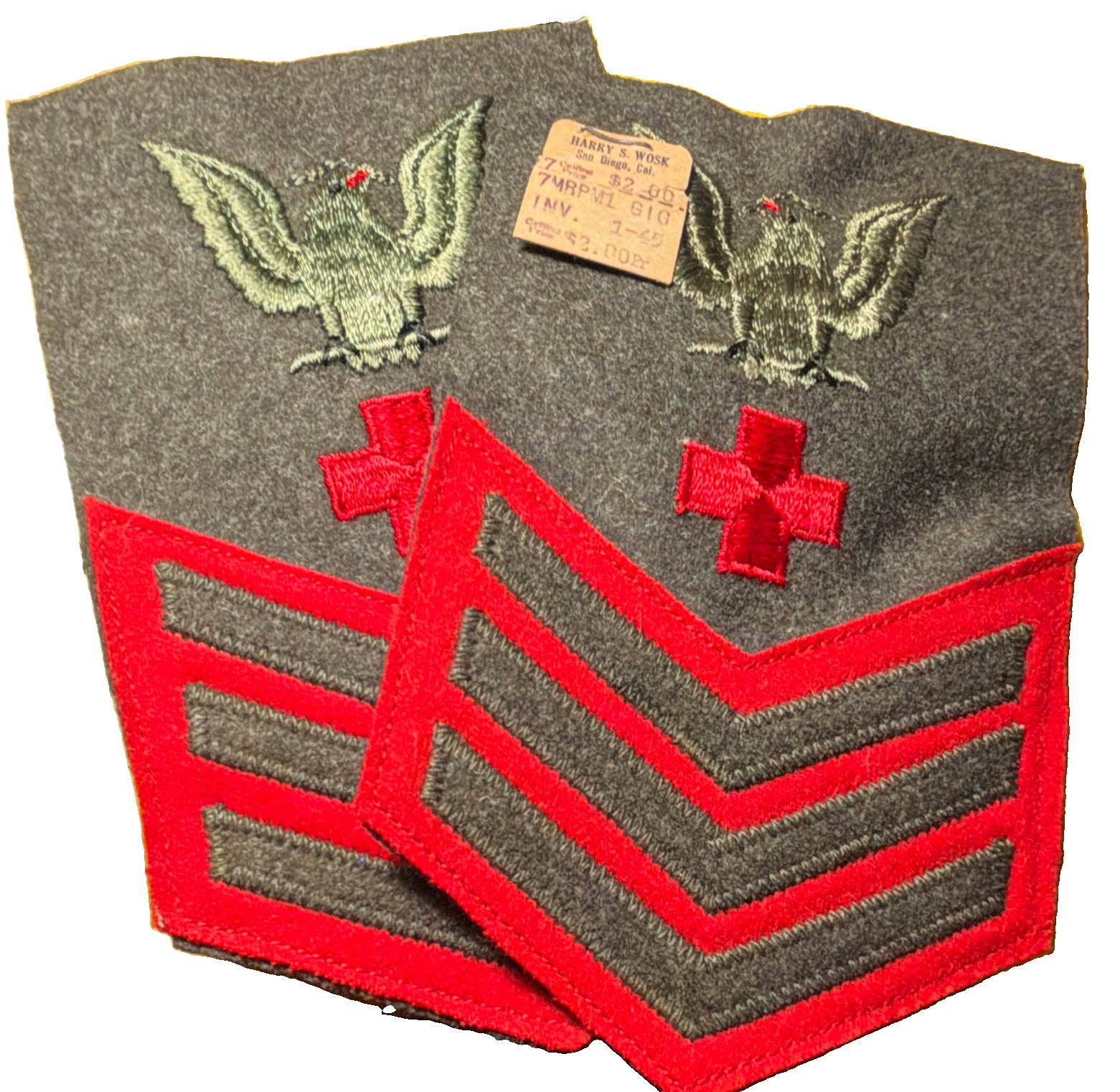 WW2 U.S.M.C Set R&L Corpsman 1st Class Petty Officer Insignia Wool Back RARE 2ea