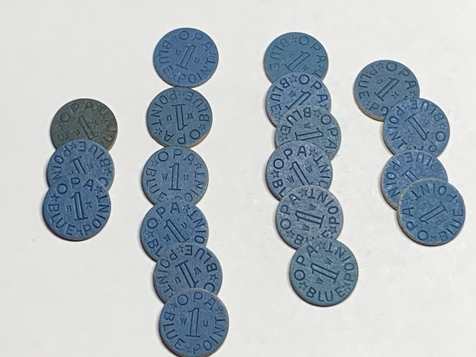 Vintage Lot of 19 RARE VARIETY BLUE WWII OPA Tokens-WU,MX,WW,CX most Near MINT Vintage Lot of 19 RARE VARIETY BLUE WWII OPA Tokens-WU,MX,WW,CX most Near MINT