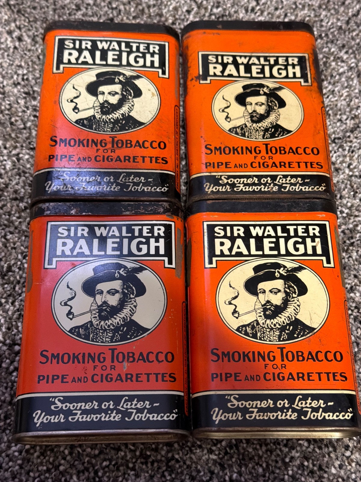 Title: Vintage Sir Walter Raleigh Tobacco Tins Lot of 4 Orange Brown Williamson